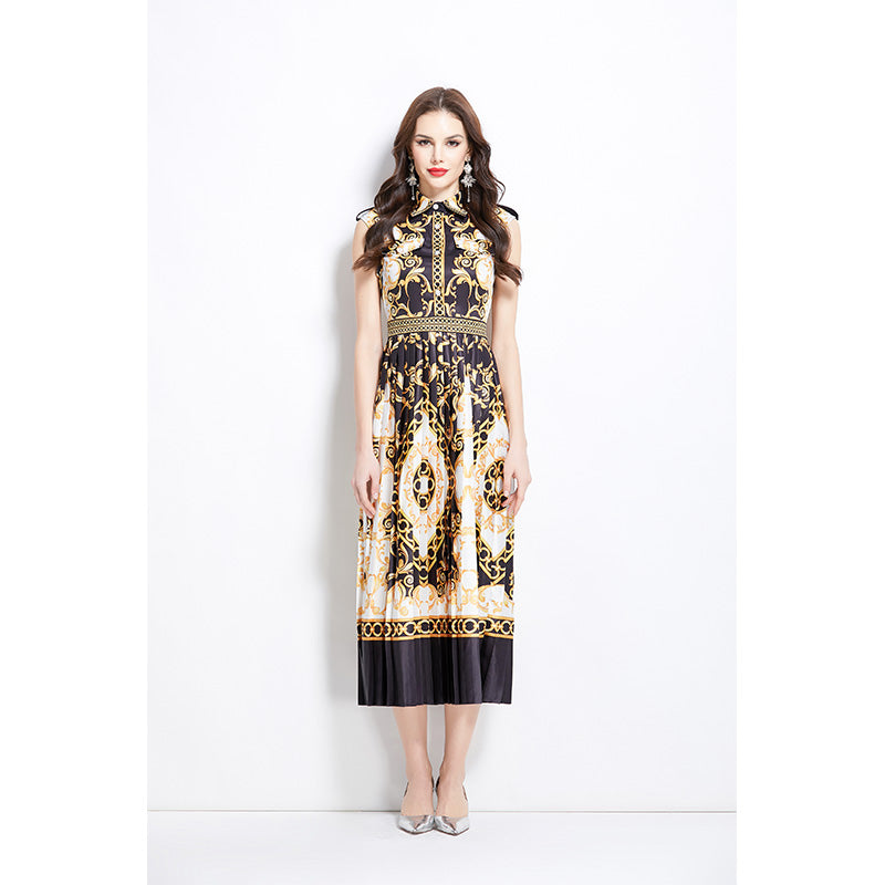Original design for spring and summer palace pattern sleeveless mid length dress