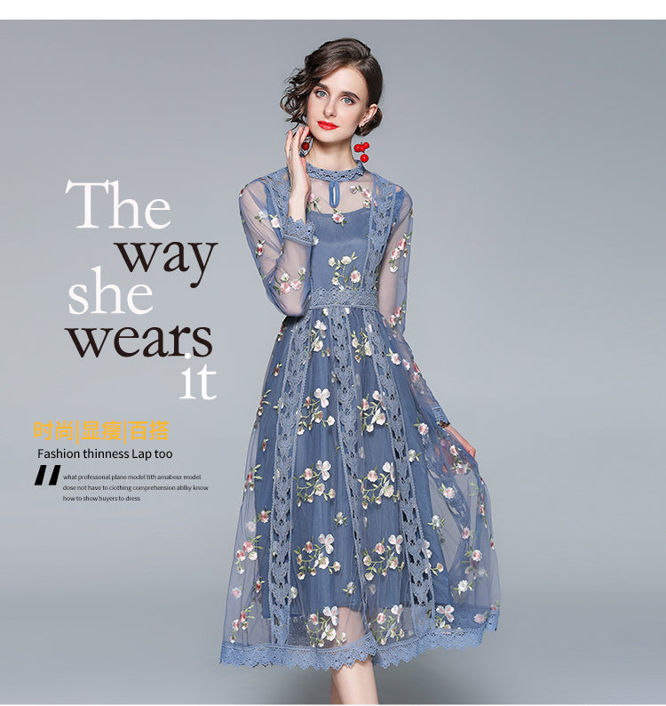Original Design Heavy Industry Fine Embroidery Mesh French Long Style Super Fairy Sweet Dress