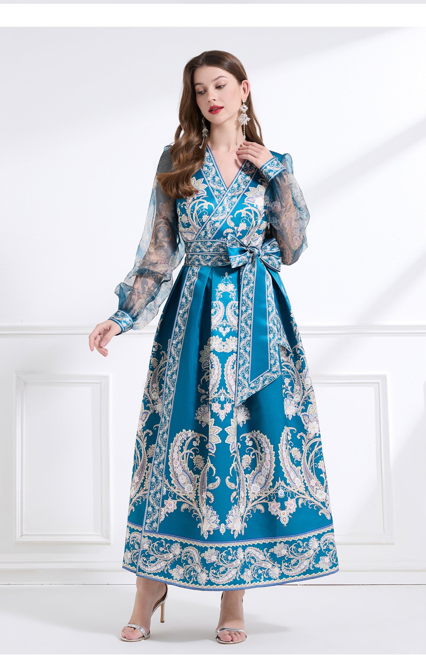 Original design - spring and summer resort style lace patchwork print waist maxi skirt ruffle dress