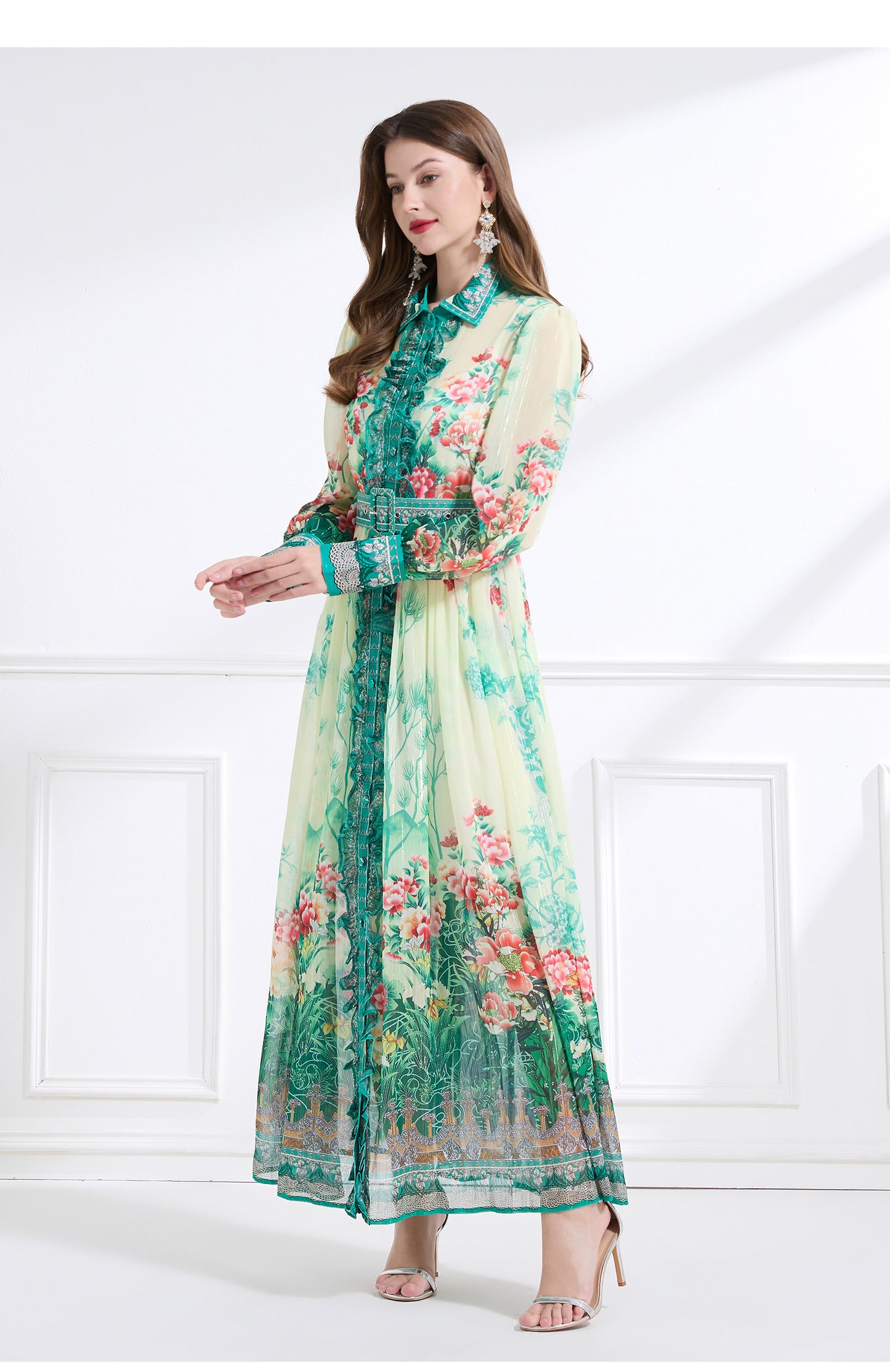 Original design - Spring/Summer, Autumn chiffon shirt collar print, long sleeves, cinched waist, ruffled maxi skirt