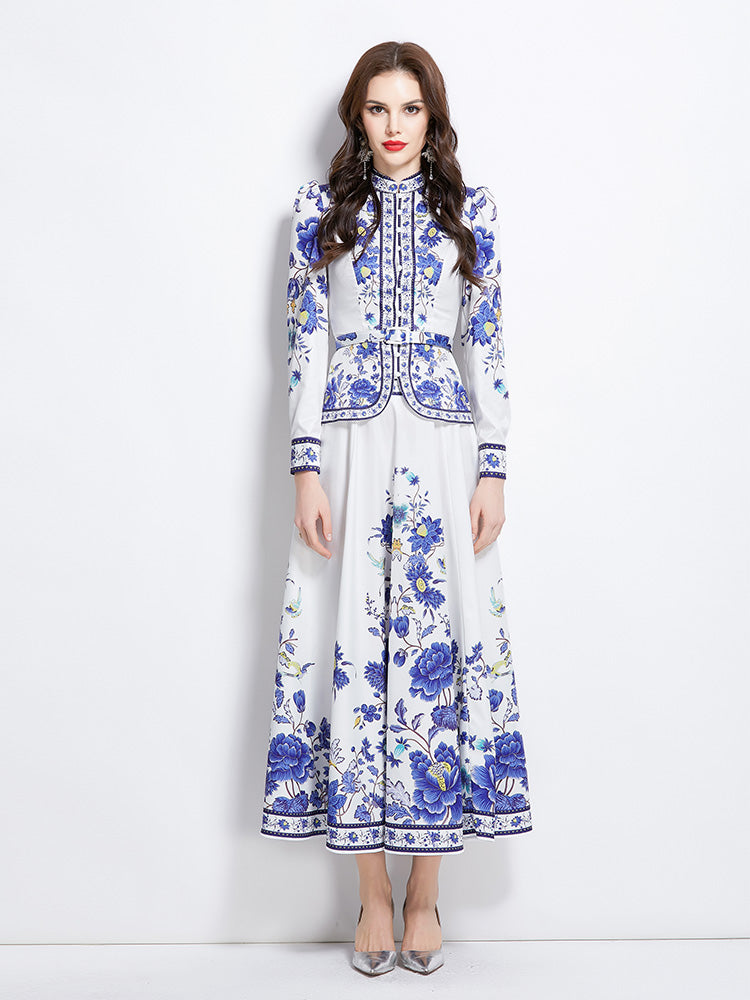 Original design for spring and summer ethnic style shirt top mid length skirt set