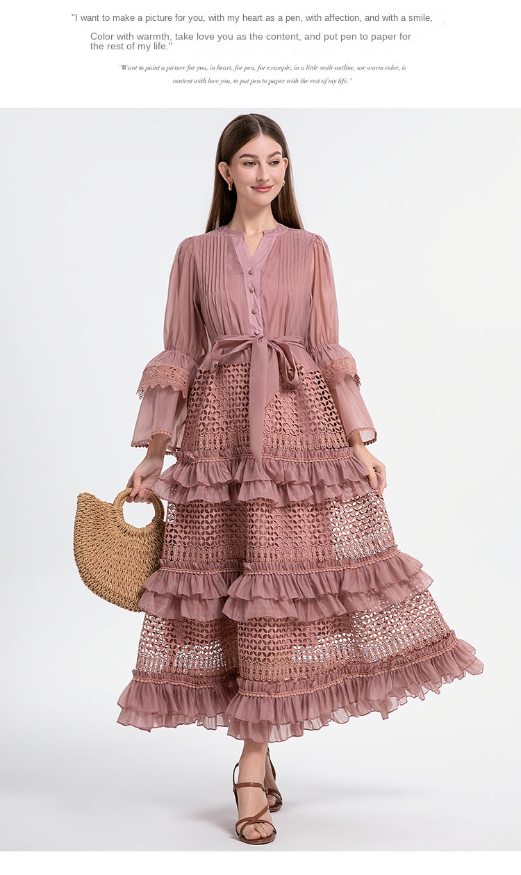 French retro court-style cut-out lace patchwork with fungus trim and flared sleeves at the waist