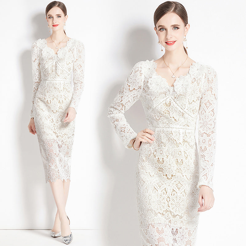 Original design for spring and summer water-soluble lace V-neck slim fit mid length dress for women