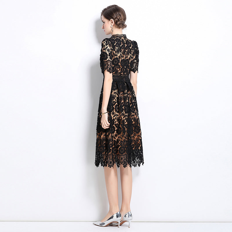 Original design short sleeved slimming hollow out water-soluble lace positioning mid length dress