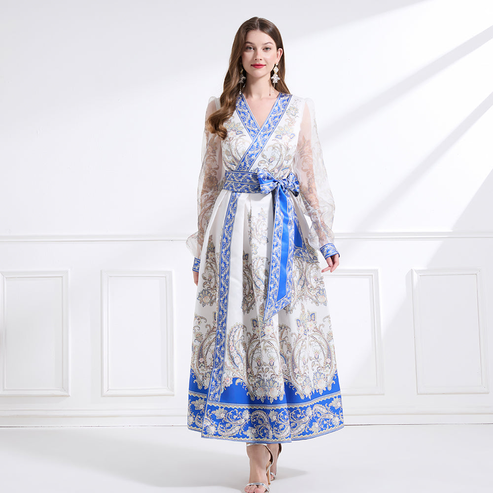 Original design - spring and summer resort style lace patchwork print waist maxi skirt ruffle dress