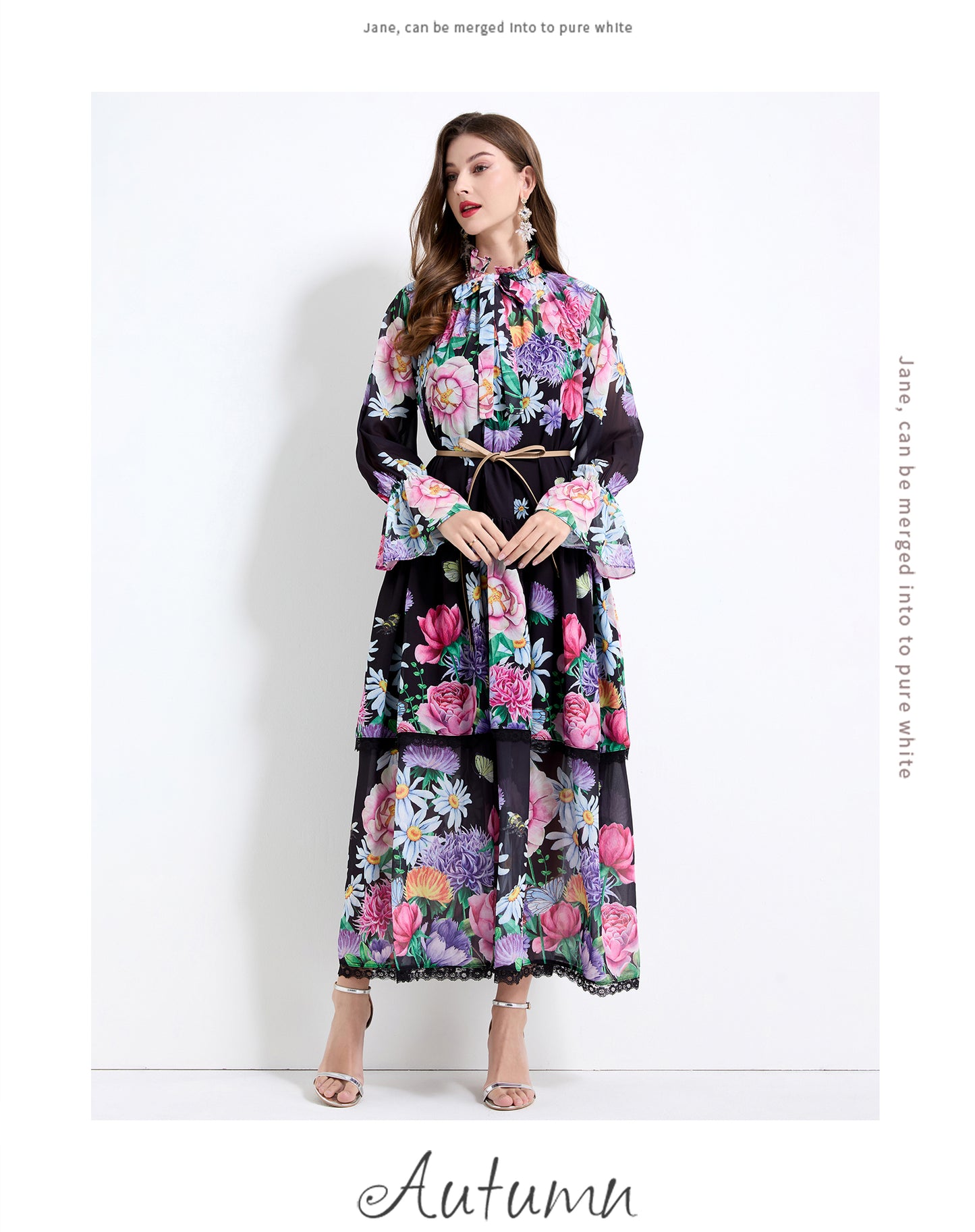 Original design - spring and summer fake lace cake skirt floral print waist ruffle skirt