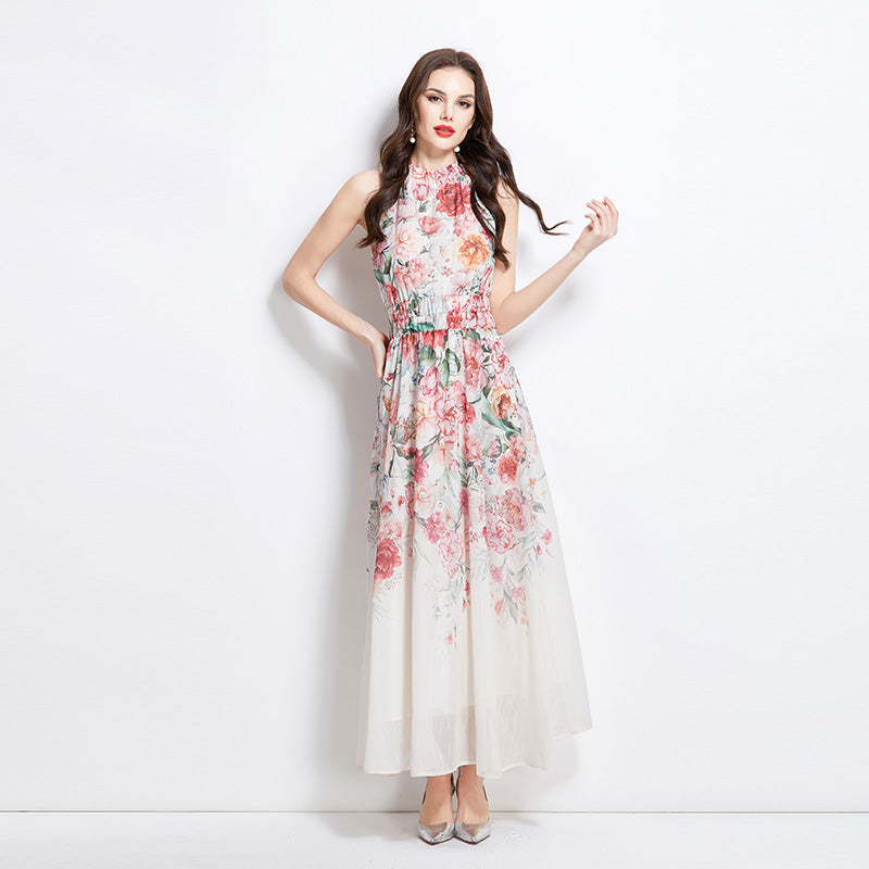 Original Design Spring/Summer Vacation New Oil Painting Flower Printed Hanging Neck Long Dress