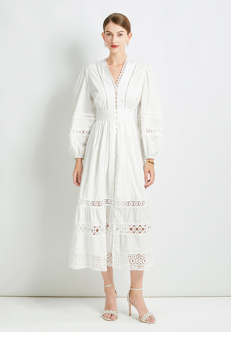 Original design fashionable temperament V-neck patchwork lace hollow out design sense long sleeved waist cinching dress