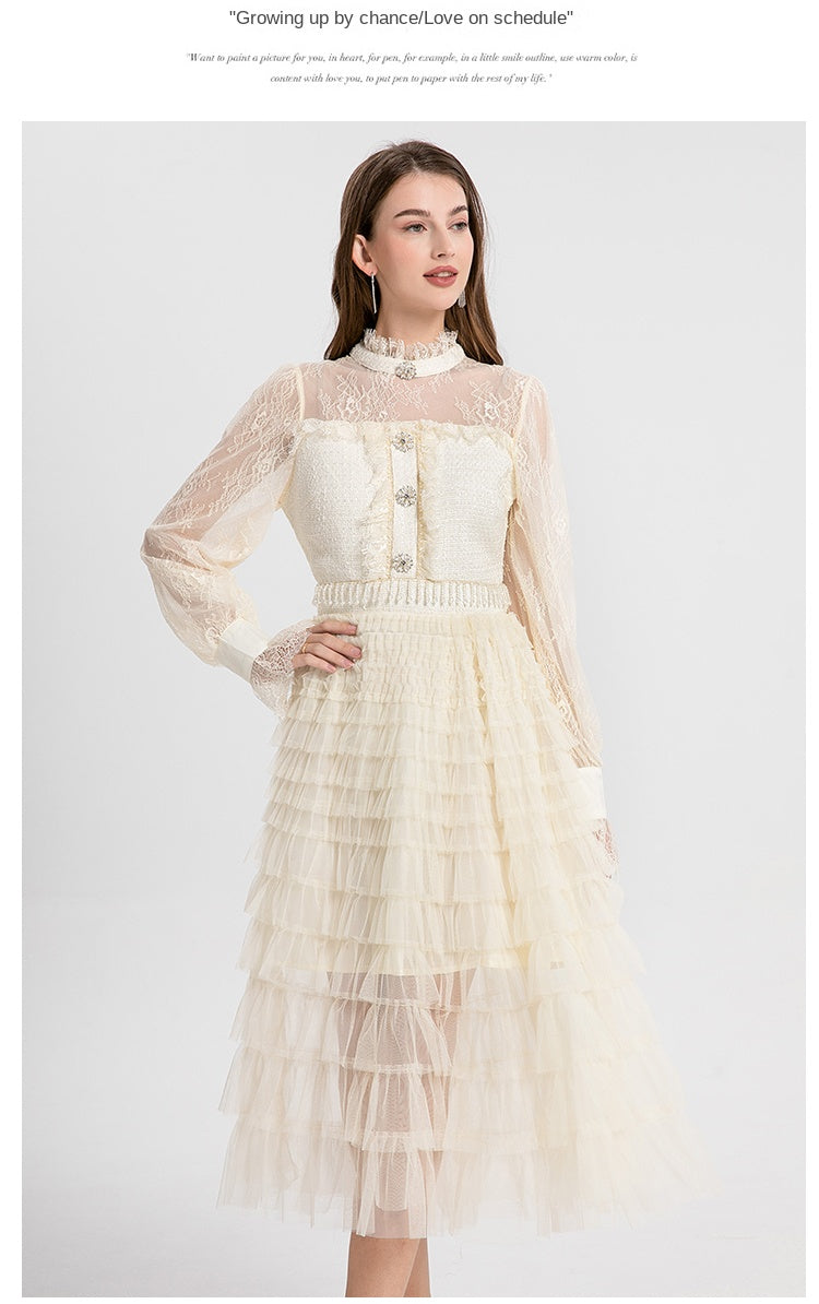 Original design women's heavy industry coarse tweed splicing mesh cake skirt crystal tassel temperament fairy