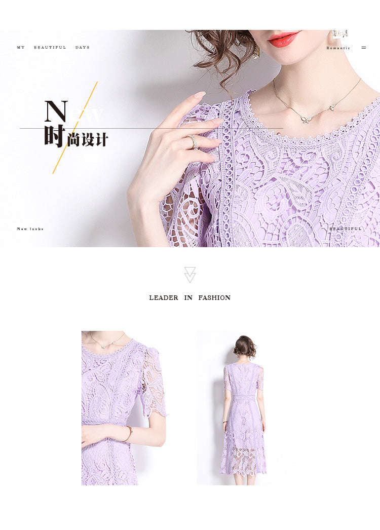 Original design temperament short sleeved skirt slim fit waist cinching heavy industry water-soluble lace dress for women