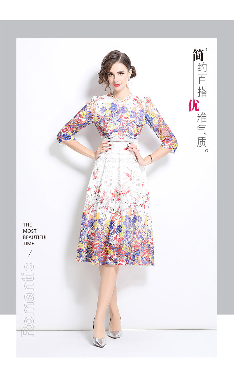 Original design mid long sleeved fashionable slimming hollow out water-soluble lace positioning mid length dress