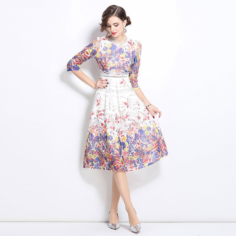 Original design mid long sleeved fashionable slimming hollow out water-soluble lace positioning mid length dress