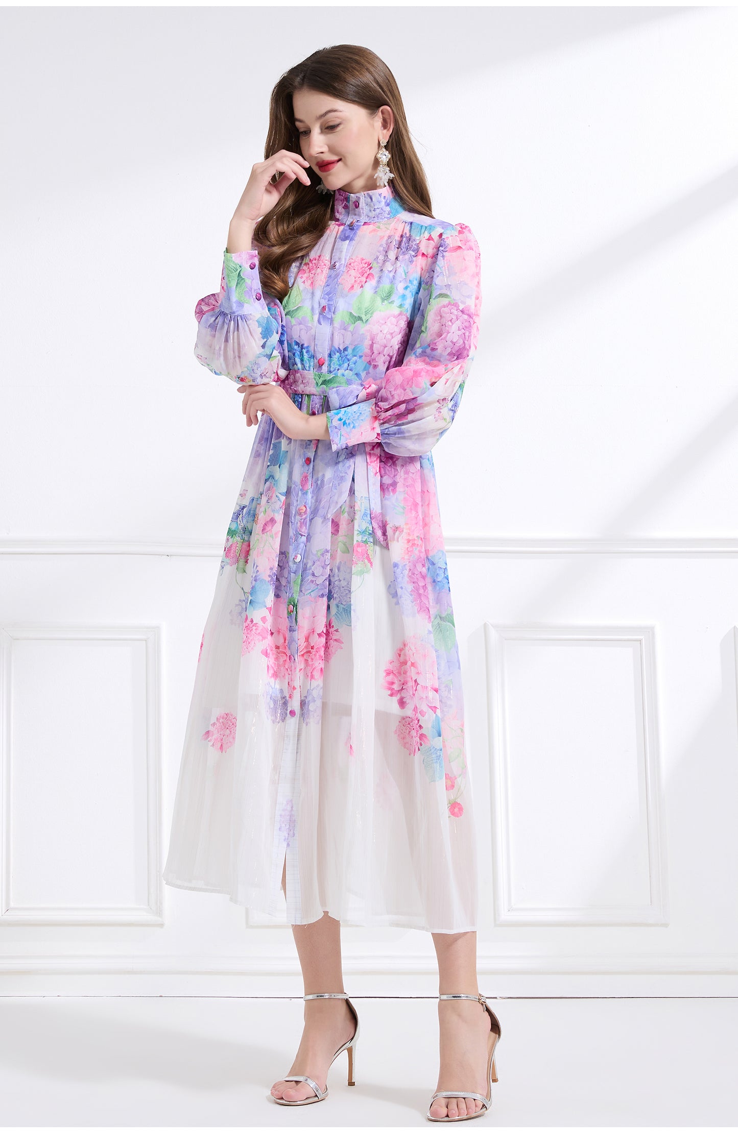 Original design - stand collar, watercolor, floral print, balloon sleeves, cinched waist, large skirt, ruffled skirt