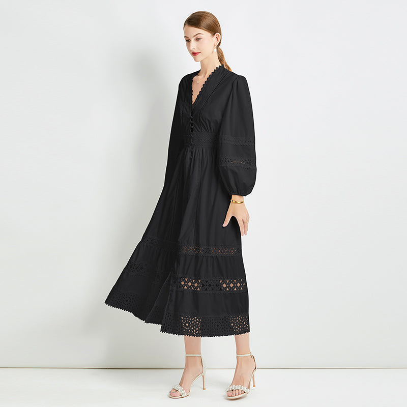 Original design fashionable temperament V-neck patchwork lace hollow out design sense long sleeved waist cinching dress