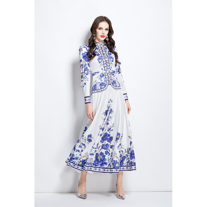 Original design for spring and summer ethnic style shirt top mid length skirt set