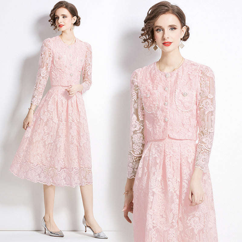 Original design for spring and summer long sleeved small fragrance style set light luxury temperament water-soluble lace skirt two-piece set