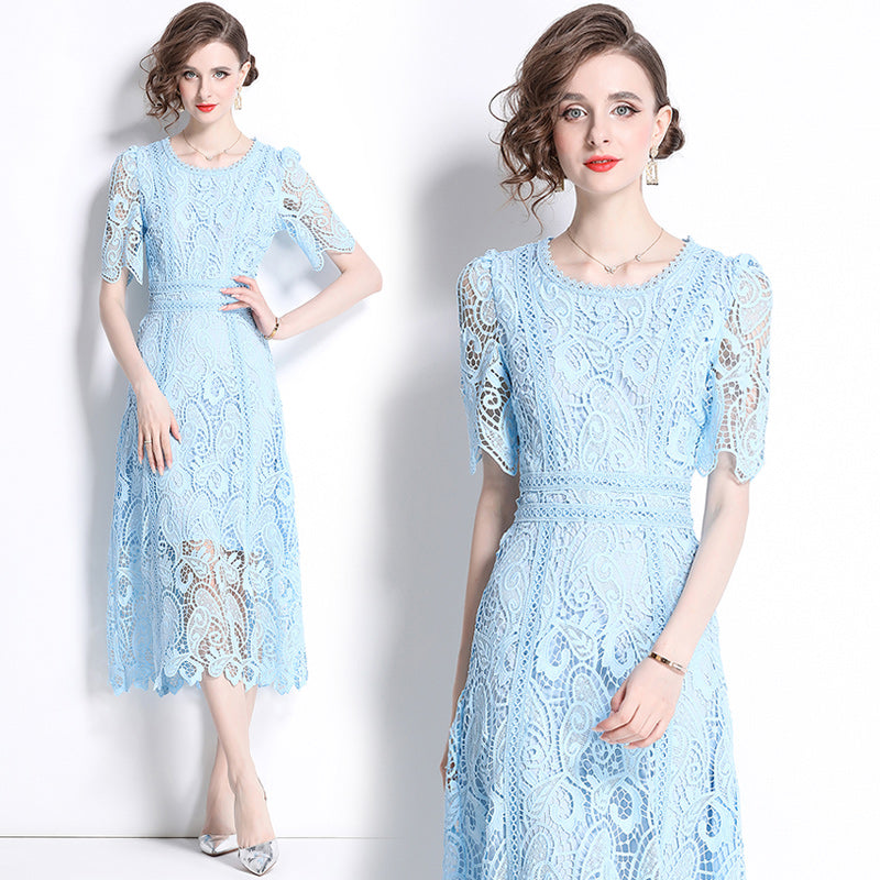 Original design temperament short sleeved skirt slim fit waist cinching heavy industry water-soluble lace dress for women
