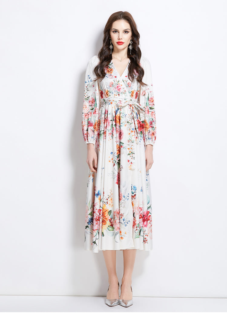 Original Design Spring/Summer Oil Painting Flower Pattern Wrapped Mid length Dress
