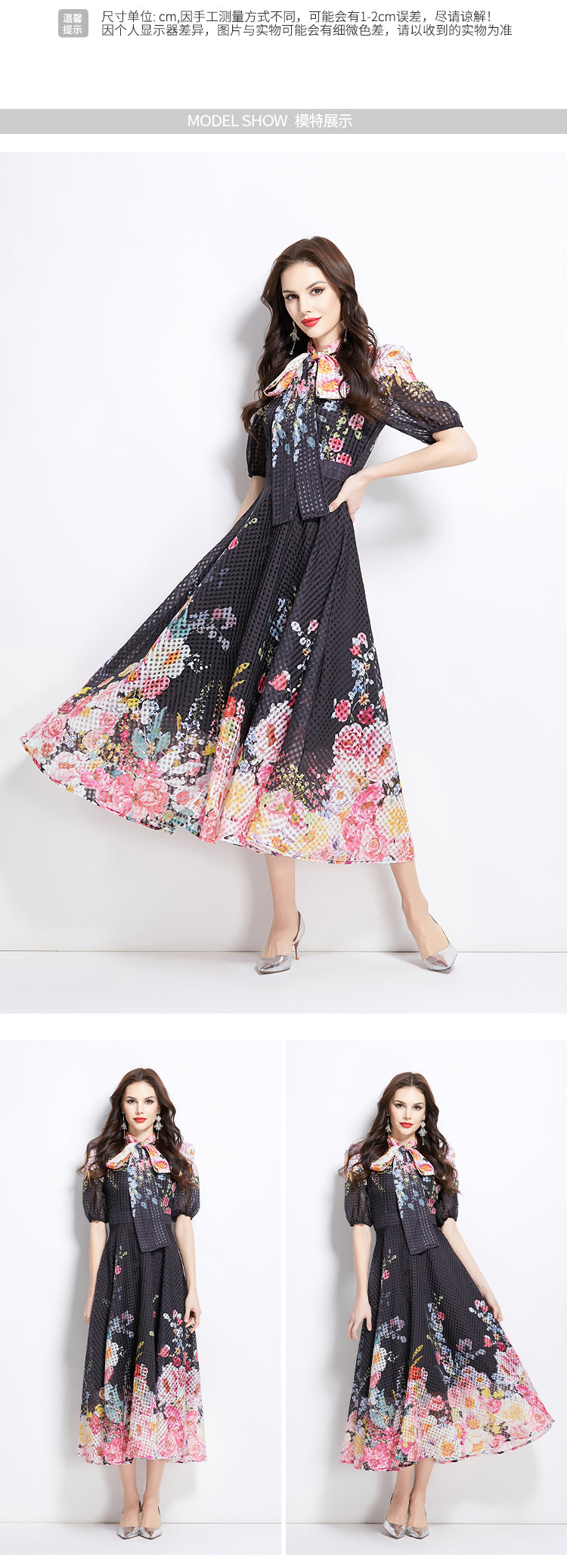 Original Design Spring/Summer Vacation New Oil Painting Flower Bubble Sleeve Medium length Dress