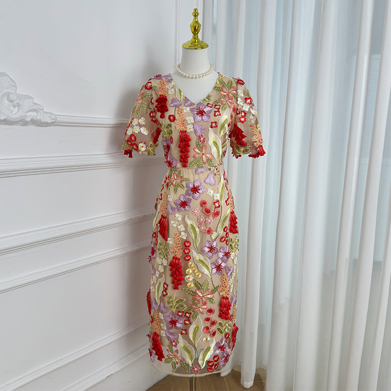 Artwork boutique handmade three-dimensional wheat ear embroidered French temperament dress