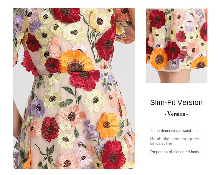 Meizhonggong boutique color handmade three-dimensional embroidered puff sleeve French pendulum dress