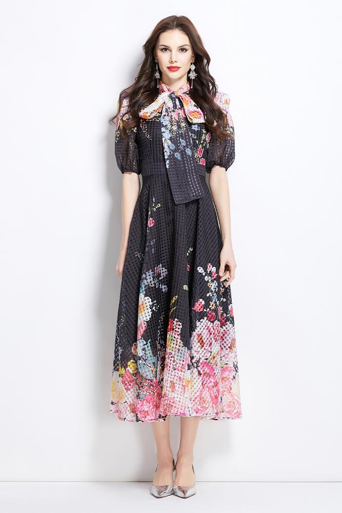 Original Design Spring/Summer Vacation New Oil Painting Flower Bubble Sleeve Medium length Dress