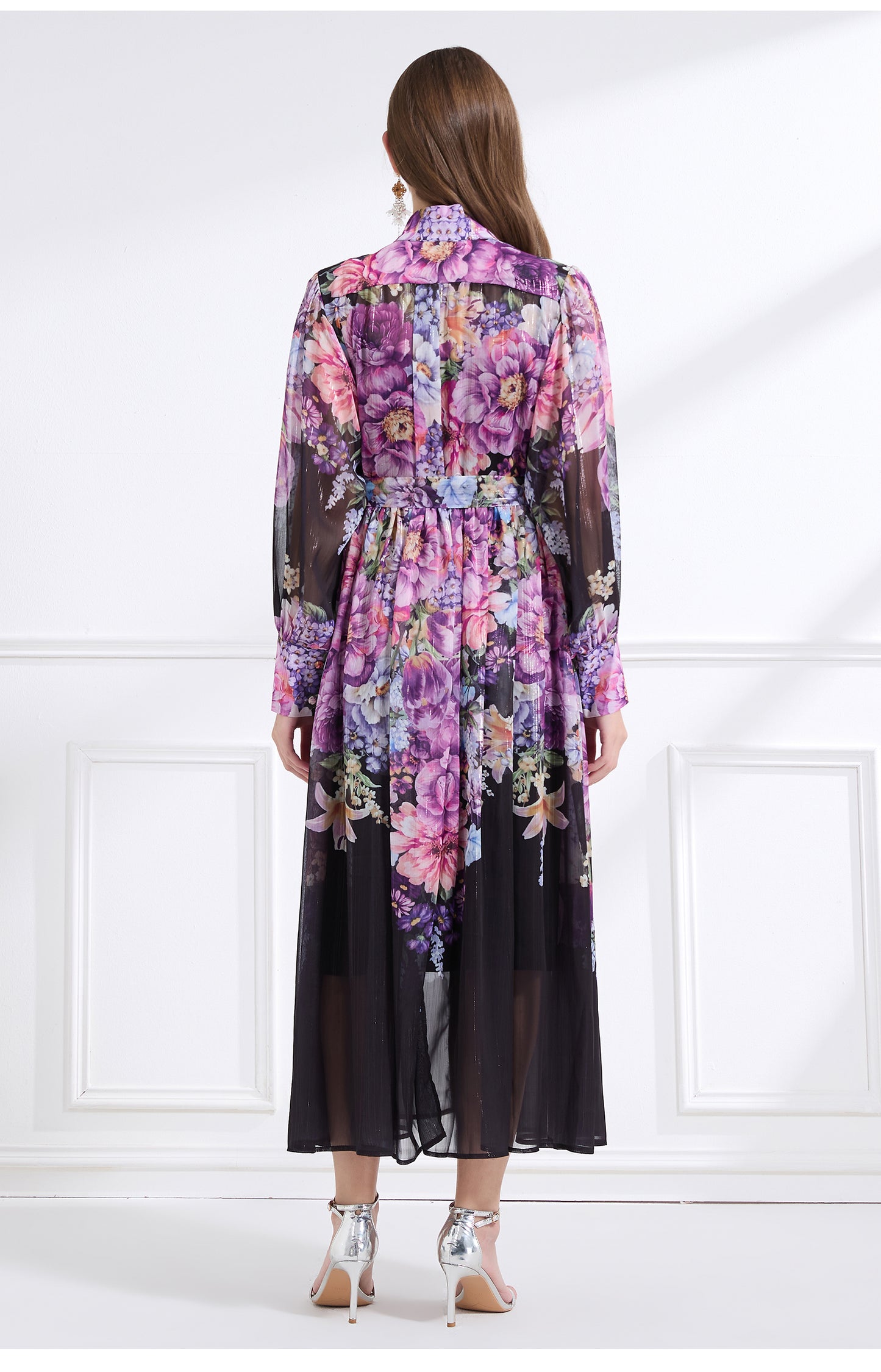 Original design - stand collar, watercolor, floral print, balloon sleeves, cinched waist, large skirt, ruffled skirt