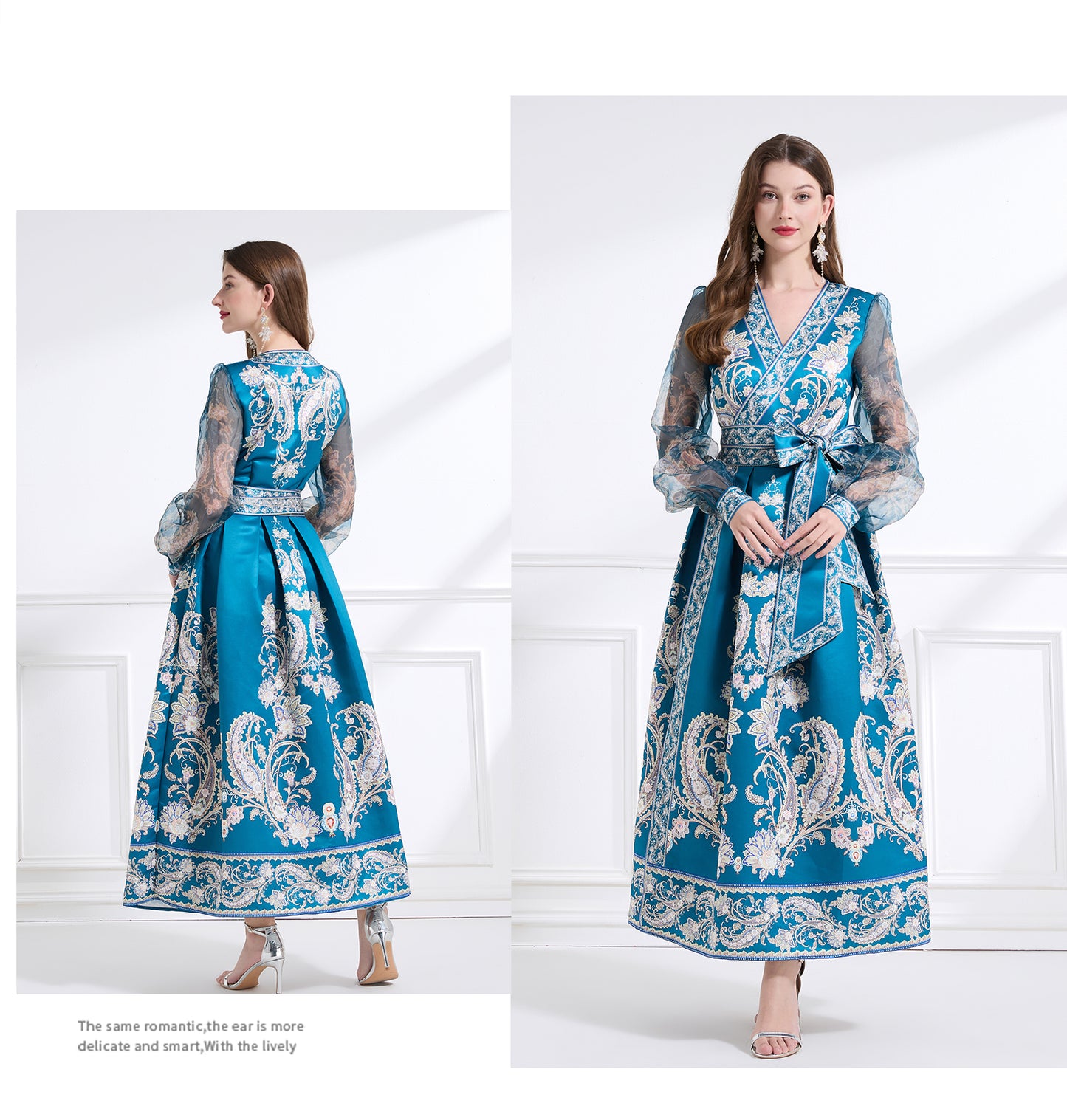 Original design - spring and summer resort style lace patchwork print waist maxi skirt ruffle dress