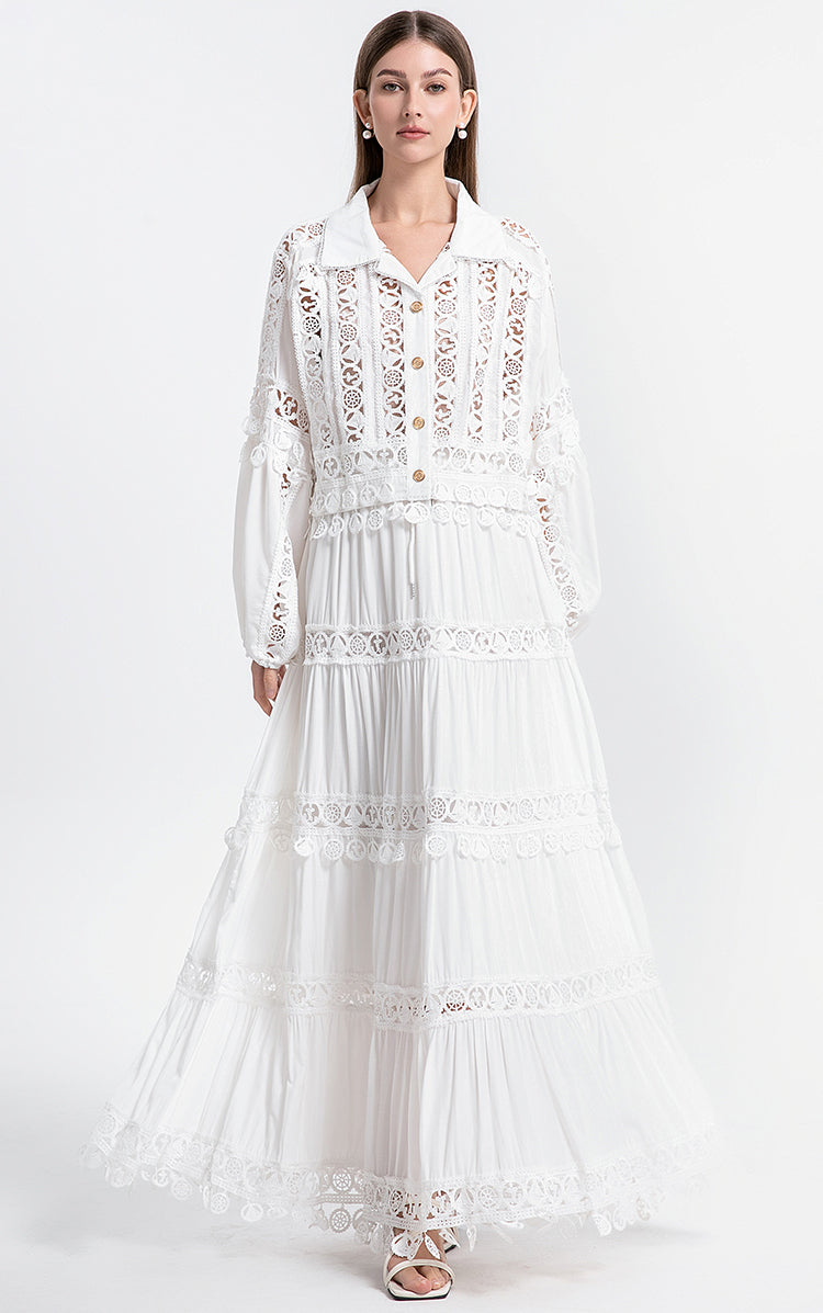 Meizhonggong boutique cut-out lapel lace stitched pendant lace maxi skirt set
