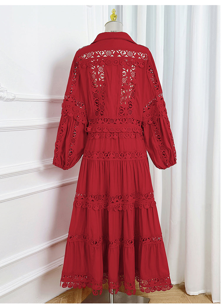 Meizhonggong boutique cut-out lapel lace stitched pendant lace maxi skirt set