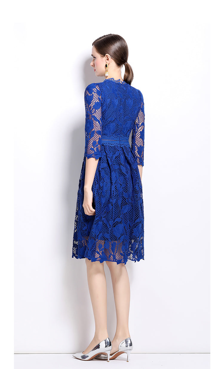 Original design mid long sleeved fashionable slimming hollow out water-soluble lace positioning mid length dress