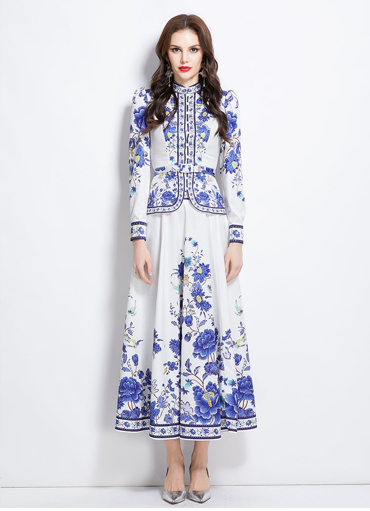 Original design for spring and summer ethnic style shirt top mid length skirt set