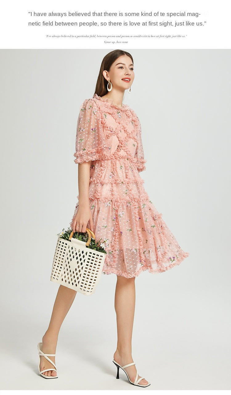 Artwork French romantic boutique custom gauze small floral embroidery short vintage cake dress