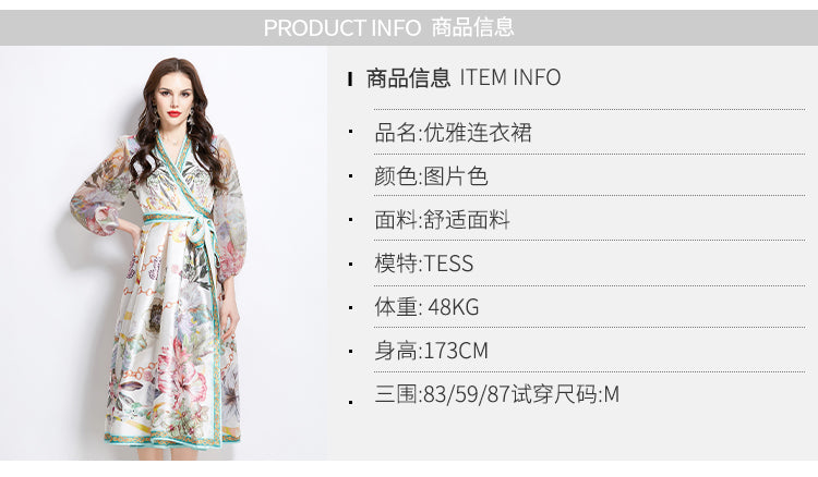 Original design for spring and summer V-neck ethnic style printed satin wrapped long length dress