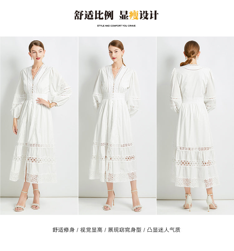 Original design fashionable temperament V-neck patchwork lace hollow out design sense long sleeved waist cinching dress