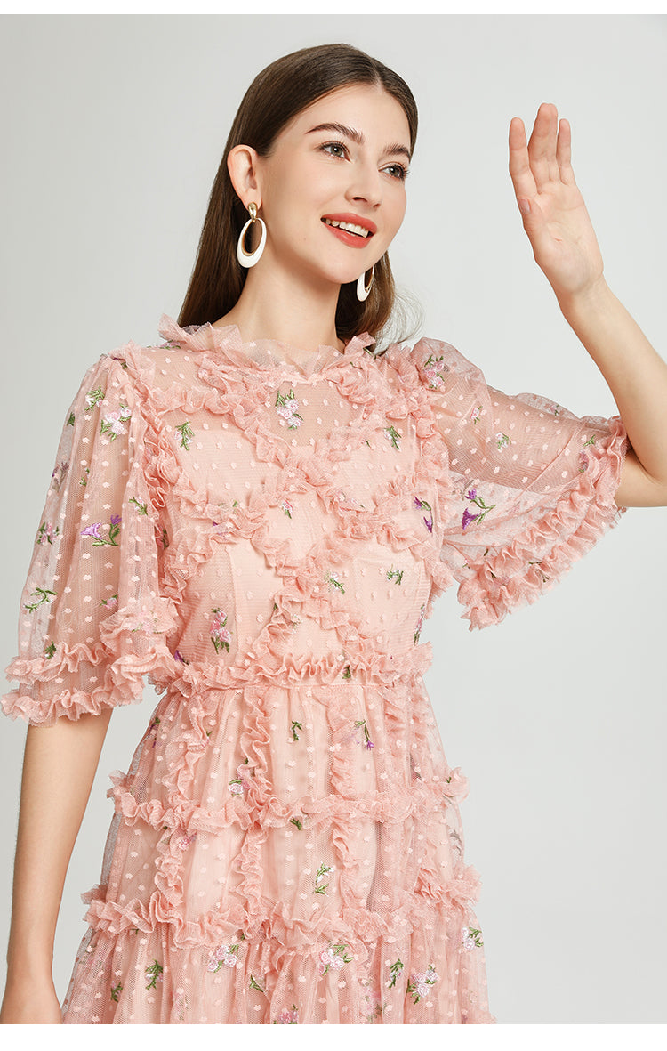 Artwork French romantic boutique custom gauze small floral embroidery short vintage cake dress