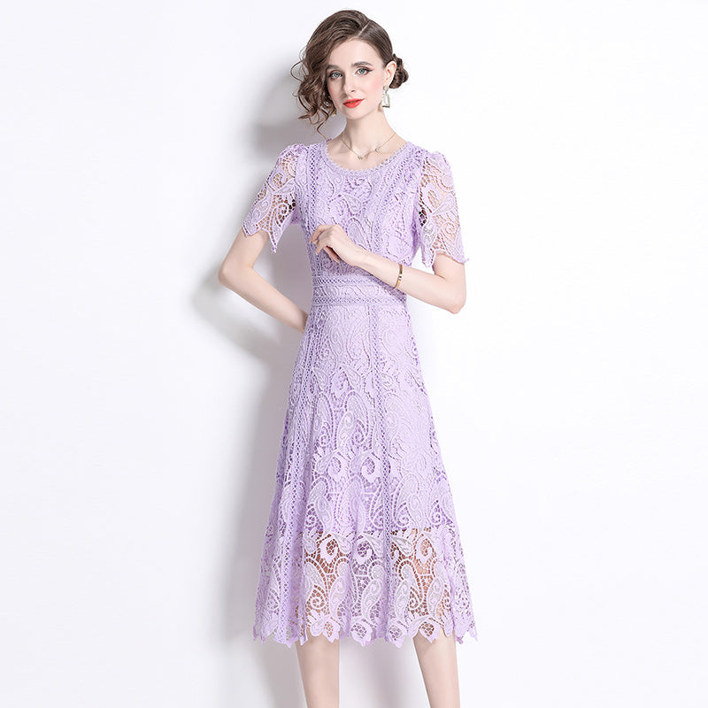 Original design temperament short sleeved skirt slim fit waist cinching heavy industry water-soluble lace dress for women