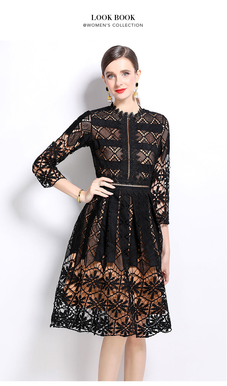 Original design mid long sleeved slimming hollow out water-soluble lace positioning printed mid length dress for spring, summer, autumn vacation