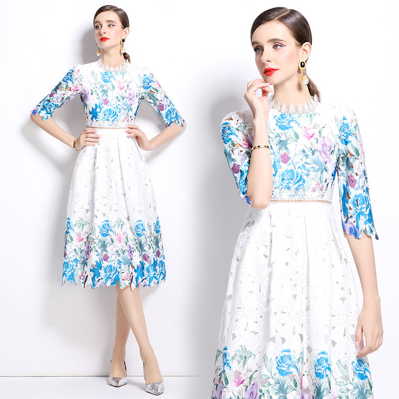 Original design mid long sleeved fashionable slimming hollow out water-soluble lace positioning mid length dress
