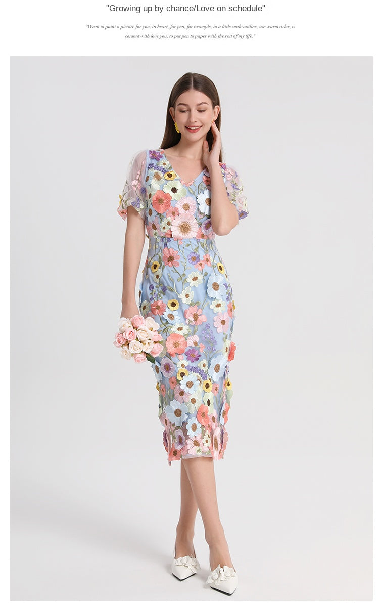 Original Design Heavy Industry Embroidered Boutique Color Handmade Customized Vintage V-neck Split Hip Wrap Dress
