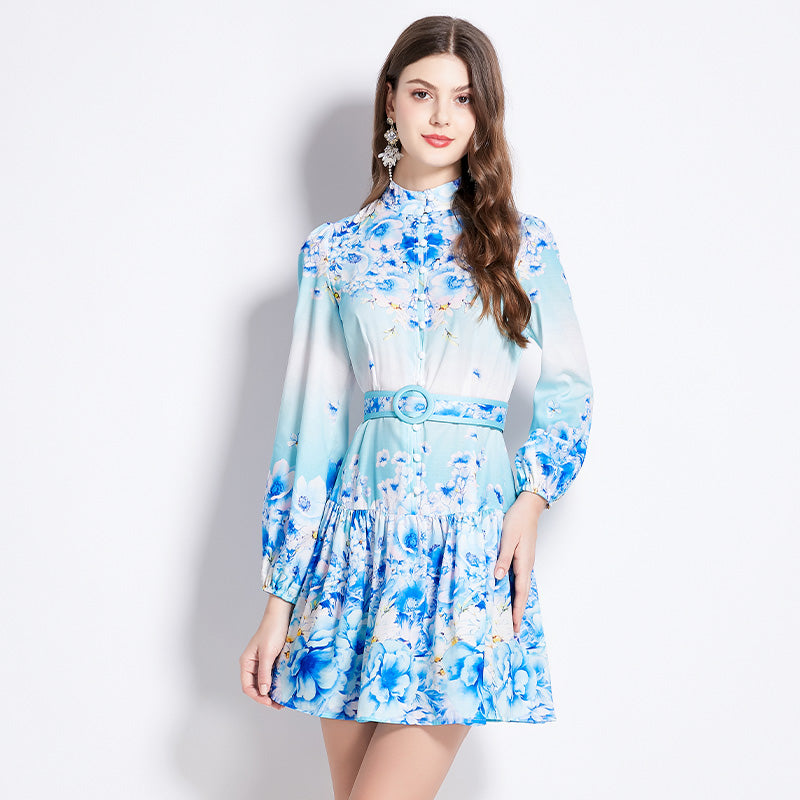 Original Design Spring/Summer Autumn Vacation New Flower Oil Painting Style Stand up Collar Long Dress