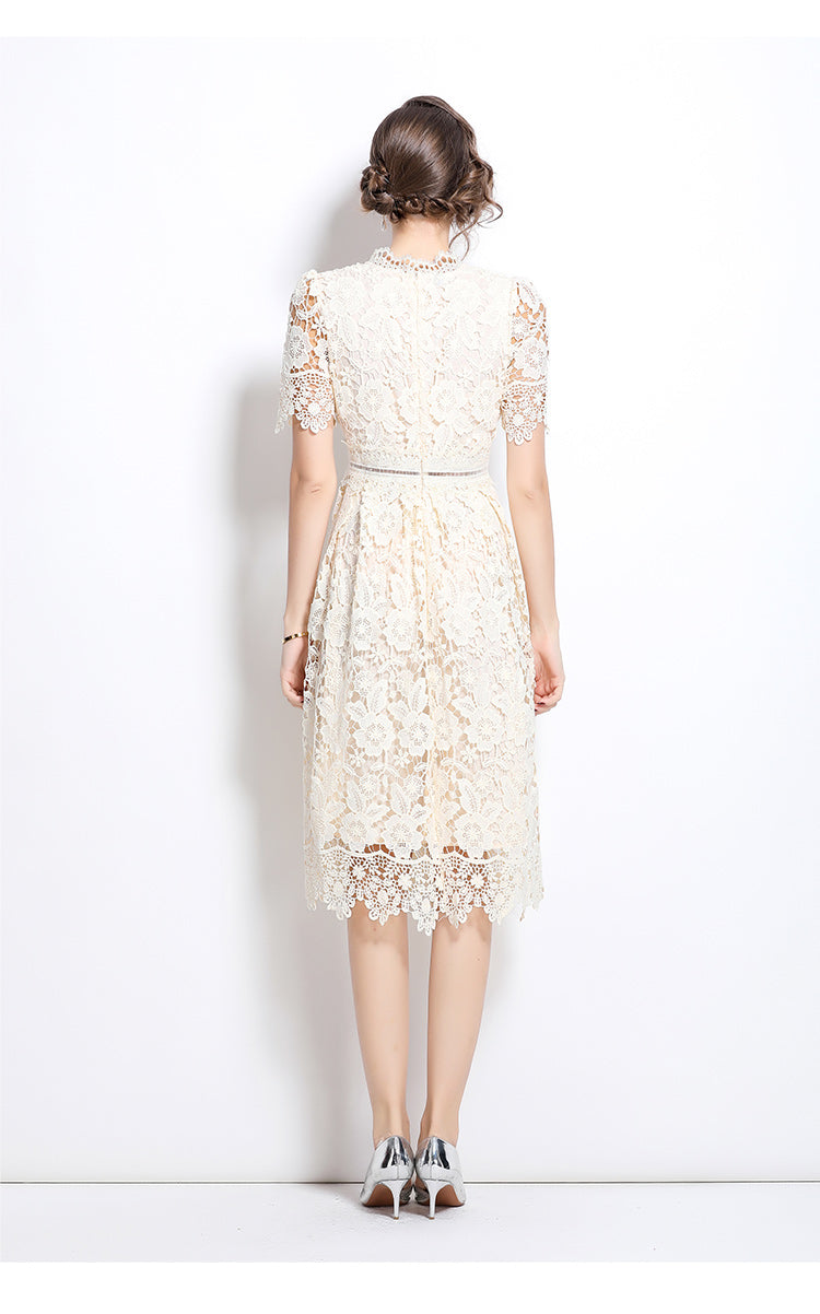 Original design short sleeved slimming hollow out water-soluble lace positioning mid length dress