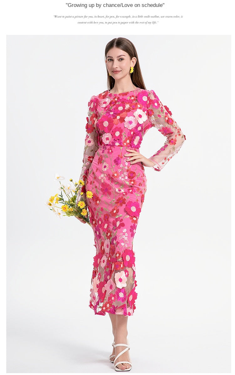 Original Design Heavy Industry Boutique Color Embroidered Handmade Three Dimensional Flower Slimming Fishtail Skirt Temperament Dress