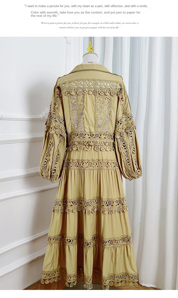Meizhonggong boutique cut-out lapel lace stitched pendant lace maxi skirt set
