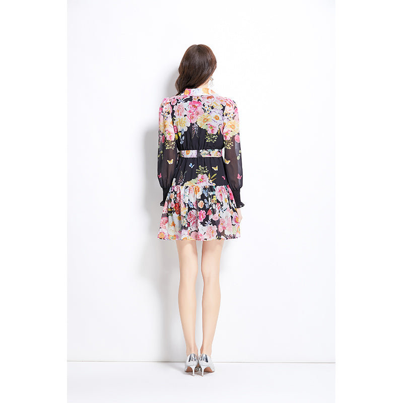 Original Design Spring/Summer Vacation New Flower Oil Painting Style V-neck Short Dress