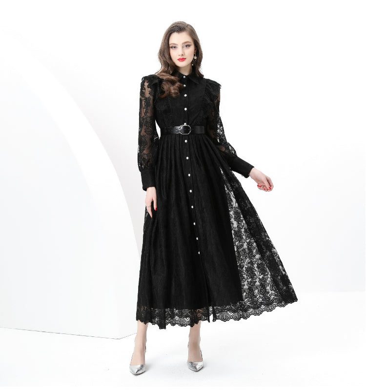 Original design: spring, summer, autumn resort, lapel, embroidered lace, balloon sleeve lace, long vintage dress