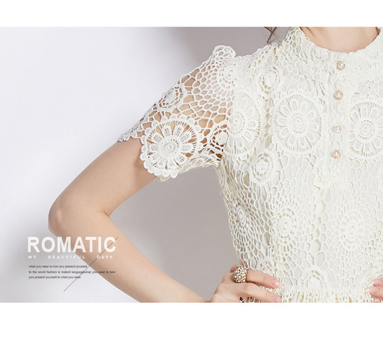 Original design niche dress new style temperament, waist cinching and slimming, hollow out water-soluble lace long skirt