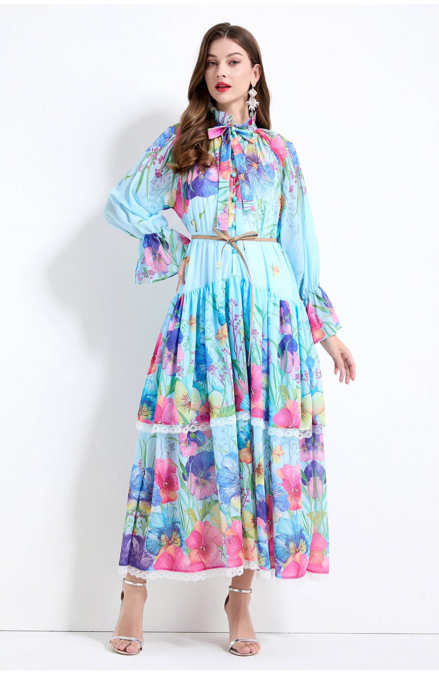 Original design - spring and summer fake lace cake skirt floral print waist ruffle skirt