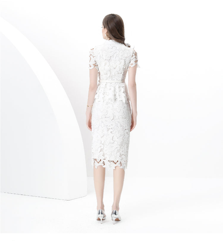 Original design for spring and summer suit collar, short sleeved, single breasted, lace waist wrapped, mid length dress