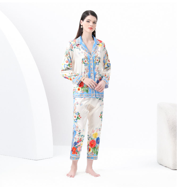Original design spring/summer-autumn - casual trim pajama suit set with a suit collar long sleeves trousers print 2-piece set